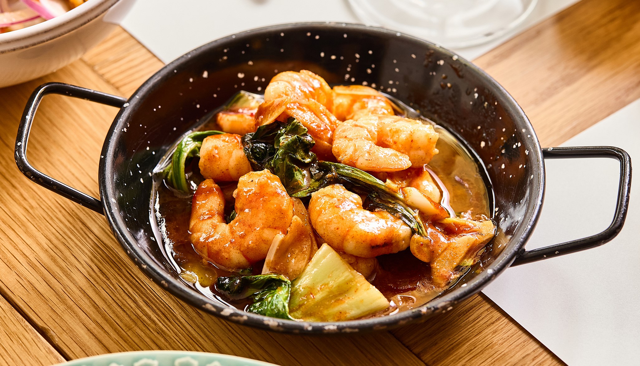 Sautéed shrimp with pak-choy, garlic and kimchi